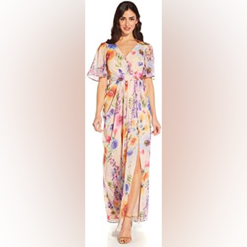 ADRIANNA PAPELL Floral Flutter-Sleeve Chiffon Gown. Size 2